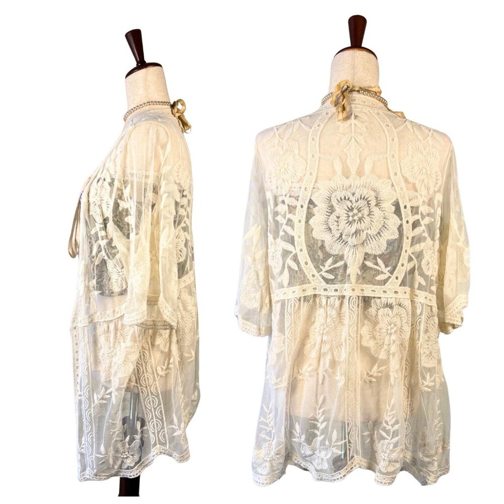 Entro White Sheer Boho Embroidered Lace Kimono Jacket Blouse M Cottagecore - Picture 3 of 15